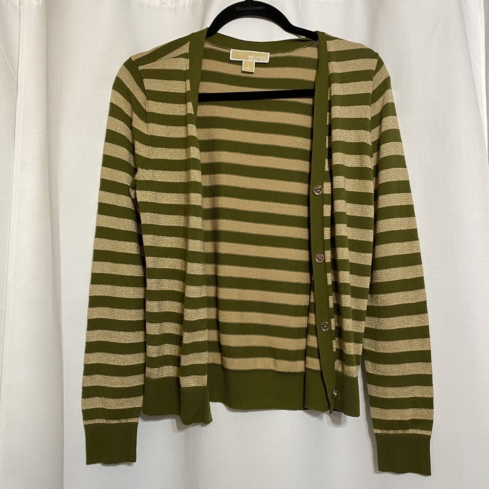 Michael Kors Women's Cardigan Sweater‎ Small Long Sleeve Button Down Green Gold